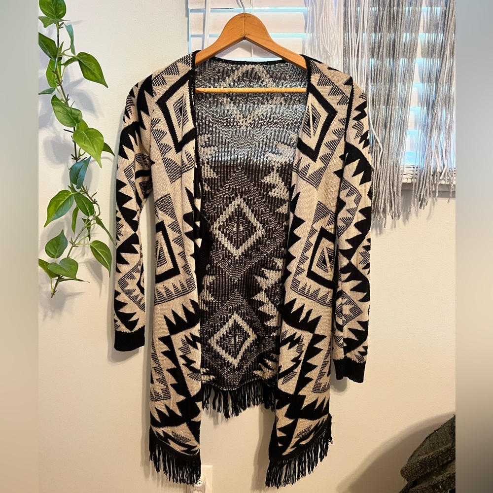 Aztec Print Long Cardigan Sweater. Fringe Bottom.
